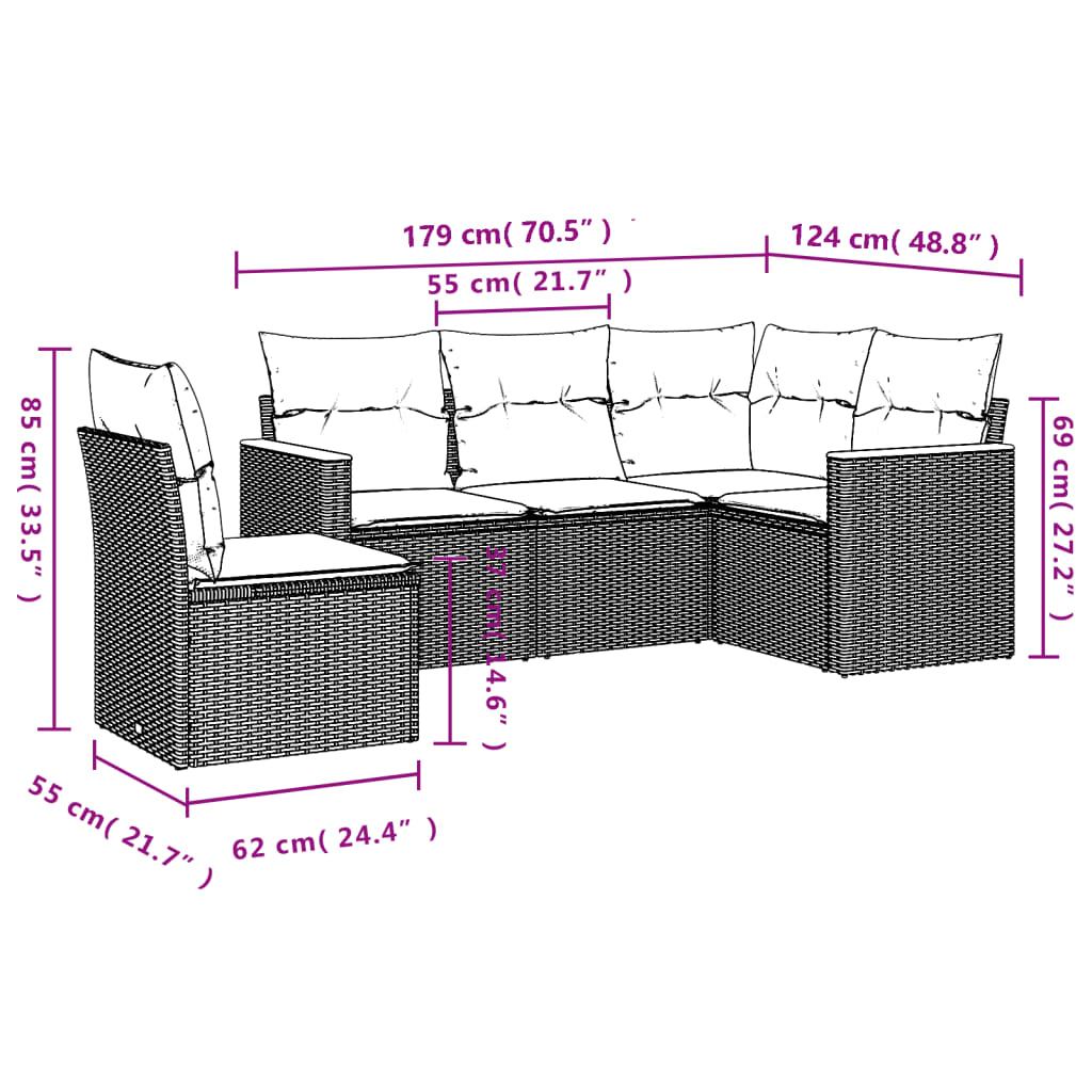 5-teiliges Gartensofa-Set mit Kissen, grau, Polyrattan
