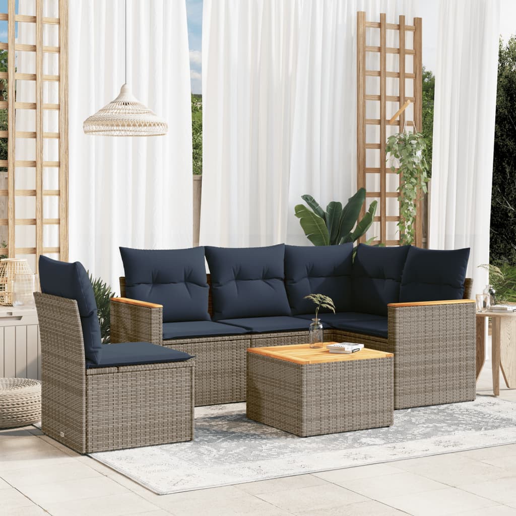 6-teiliges Gartensofa-Set mit Kissen, grau, Polyrattan