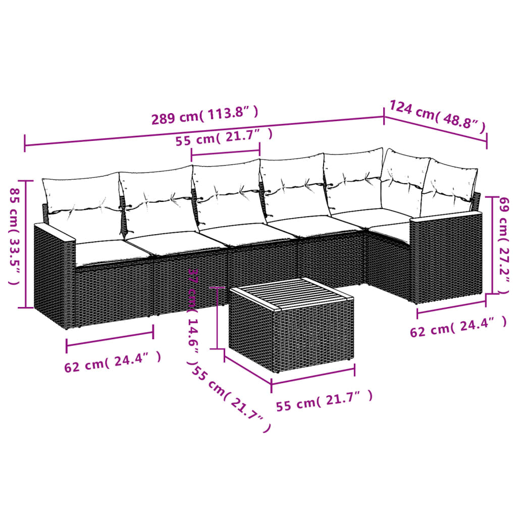 7-teiliges Gartensofa-Set mit Kissen, schwarzes Polyrattan
