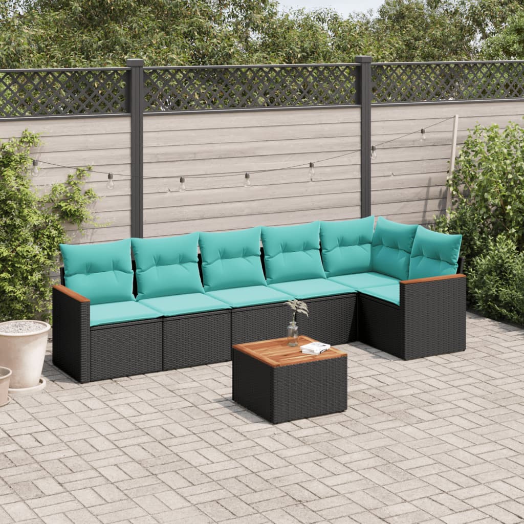 7-teiliges Gartensofa-Set mit Kissen, schwarzes Polyrattan