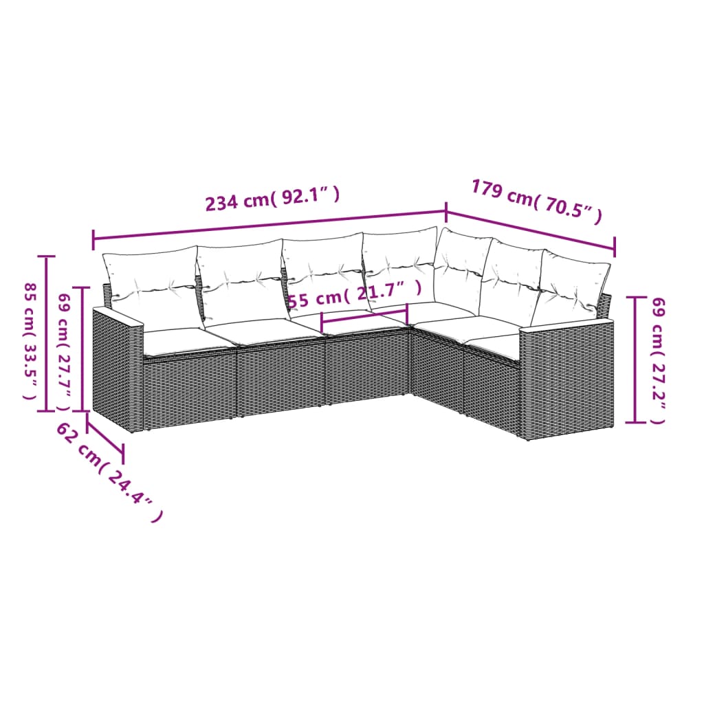 6-teiliges Gartensofa-Set mit Kissen, grau, Polyrattan
