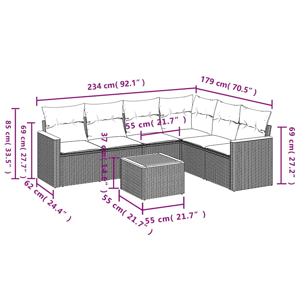 7-tlg. Garten-Sofagarnitur mit Kissen Schwarz Poly Rattan