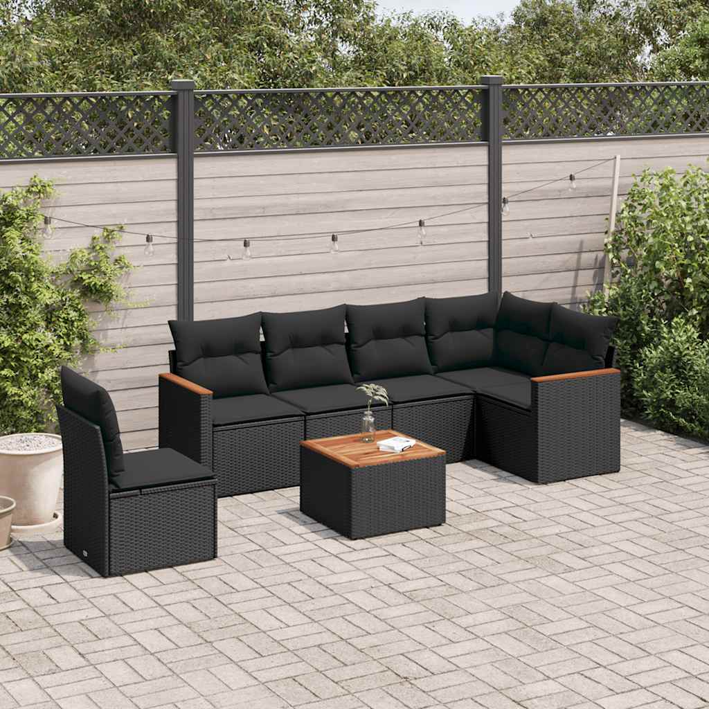 7-tlg. Garten-Sofagarnitur mit Kissen Schwarz Poly Rattan