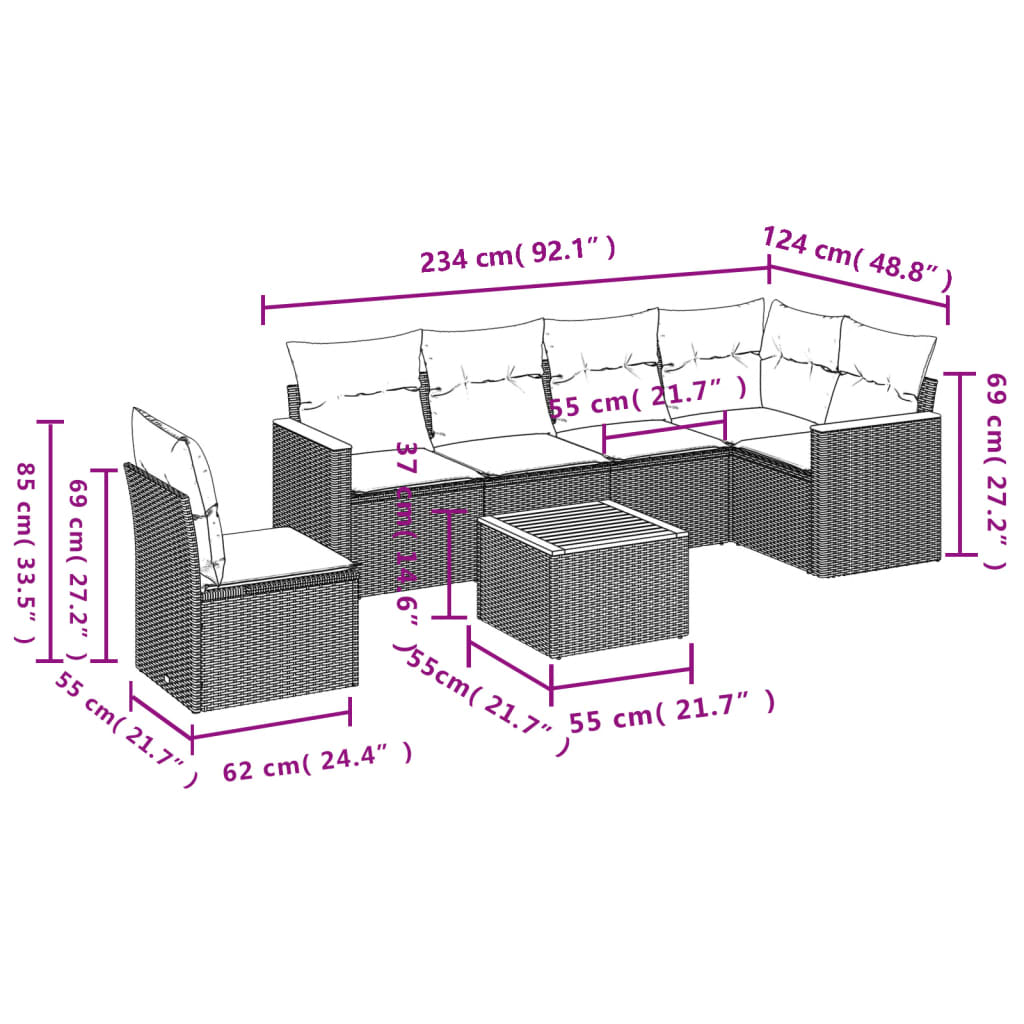 7-teiliges Gartensofa-Set mit Kissen, schwarzes Polyrattan