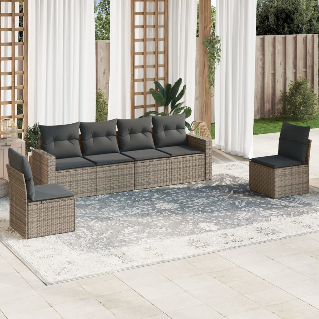 6-tlg. Garten-Sofagarnitur mit Kissen Grau Poly Rattan