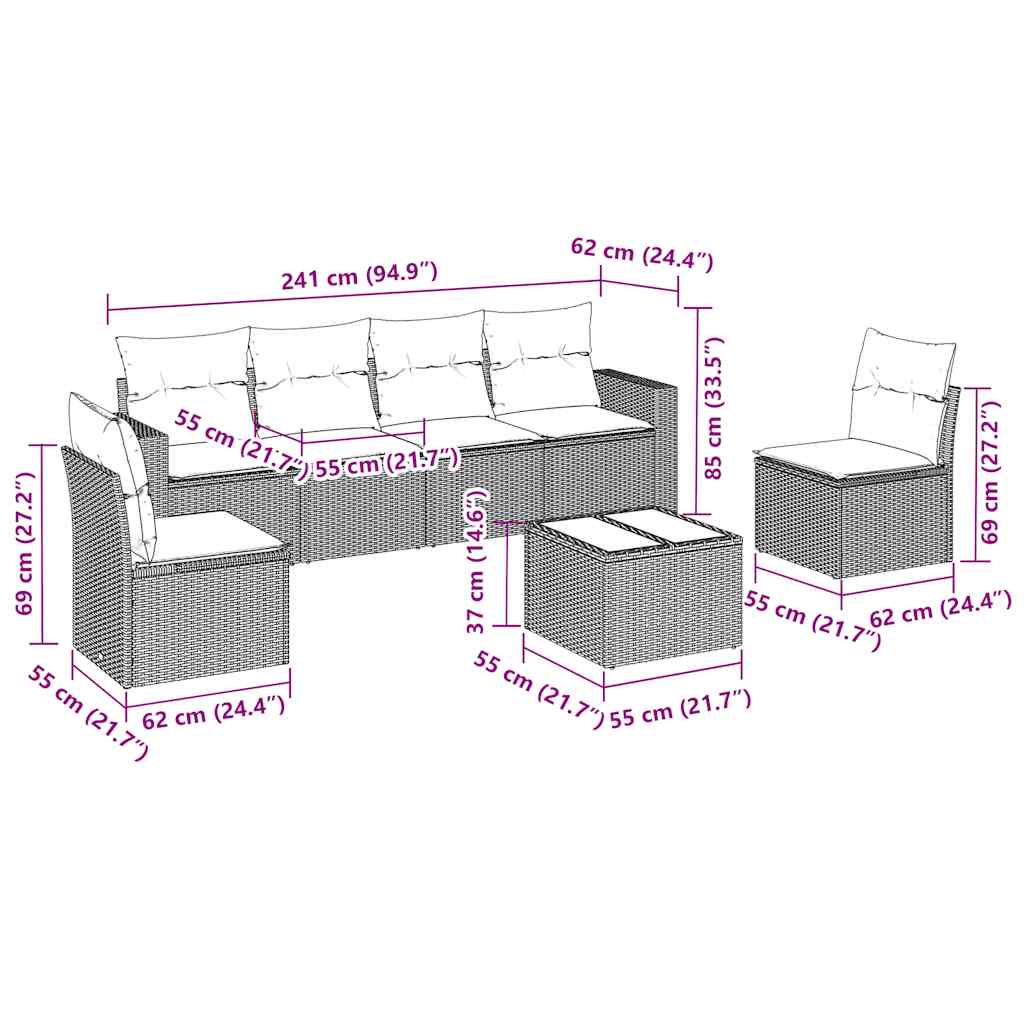 7-tlg. Garten-Sofagarnitur mit Kissen Schwarz Poly Rattan