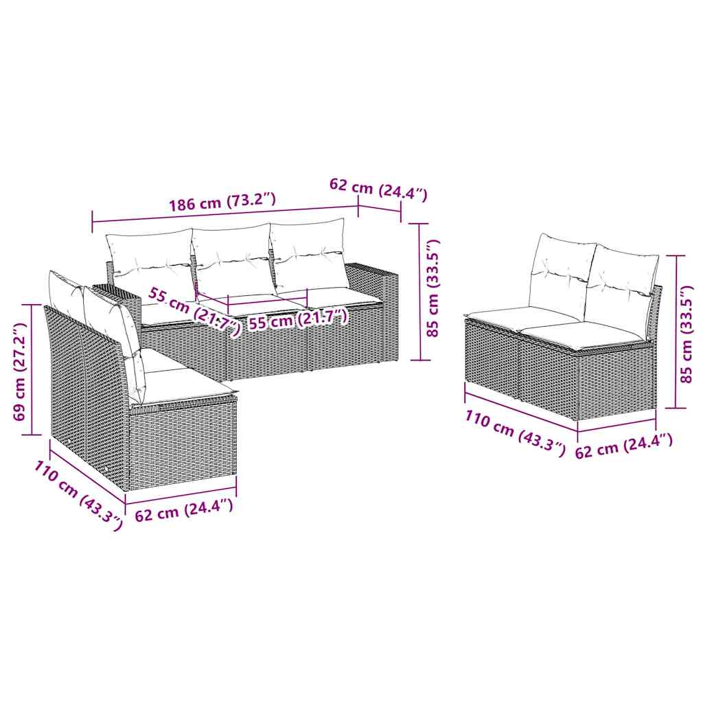 7-tlg. Garten-Sofagarnitur mit Kissen Braun Poly Rattan