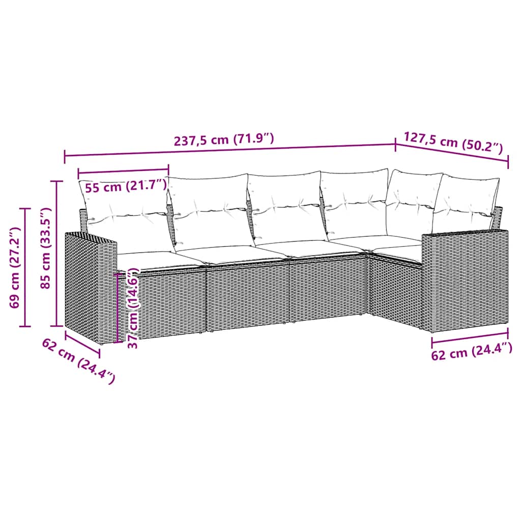 5-tlg. Garten-Sofagarnitur mit Kissen Braun Poly Rattan