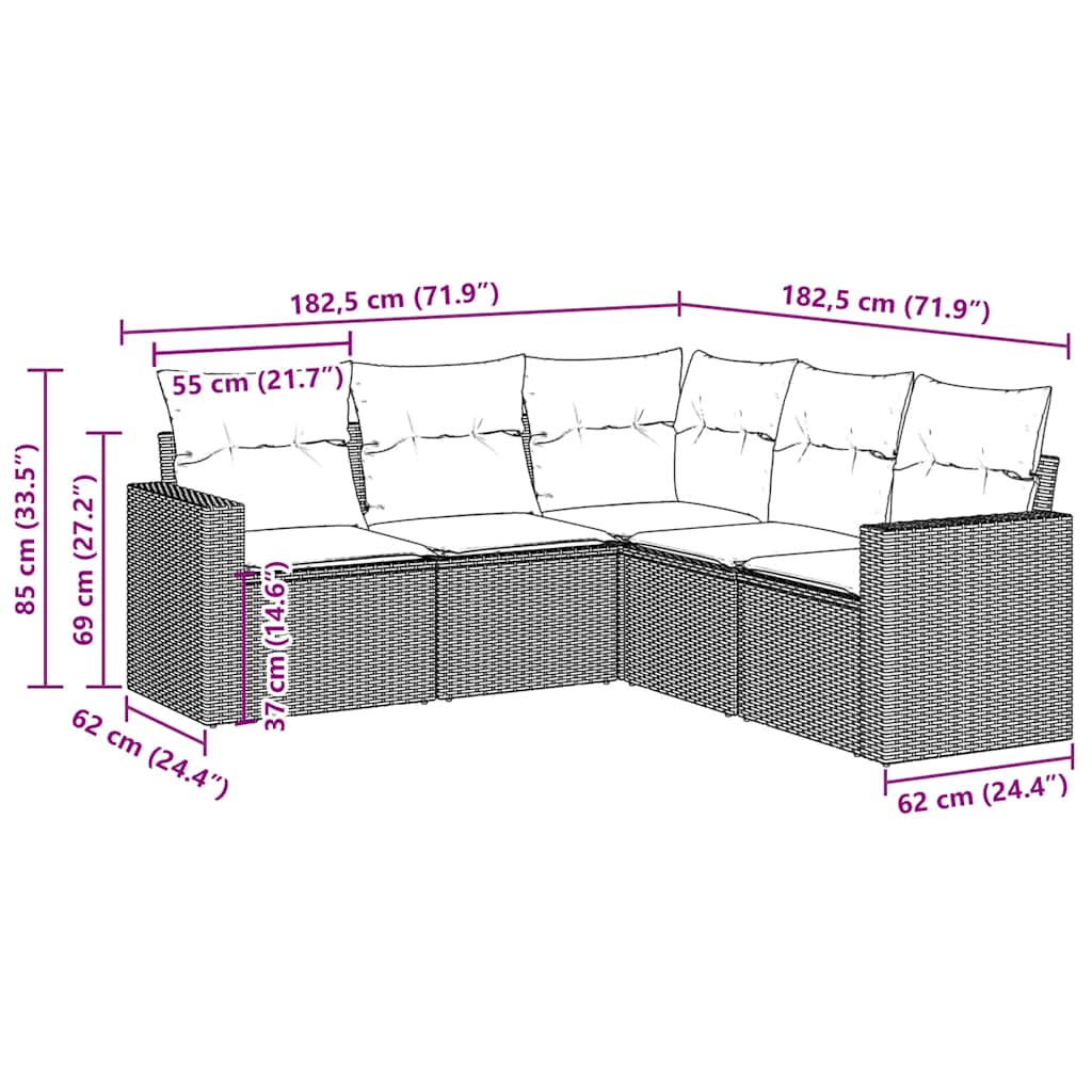 5-tlg. Garten-Sofagarnitur mit Kissen Braun Poly Rattan