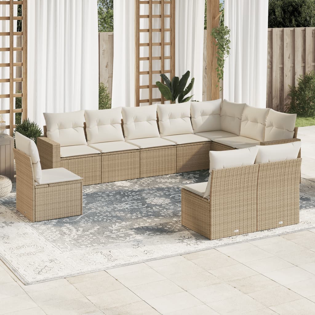 10-tlg. Garten-Sofagarnitur mit Kissen Beige Poly Rattan