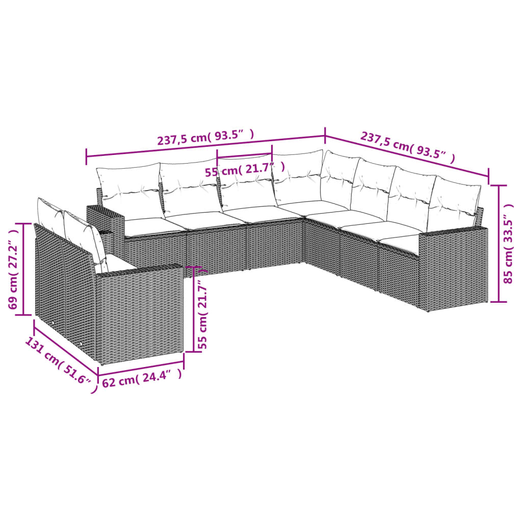 9-tlg. Garten-Sofagarnitur mit Kissen Hellgrau Poly Rattan