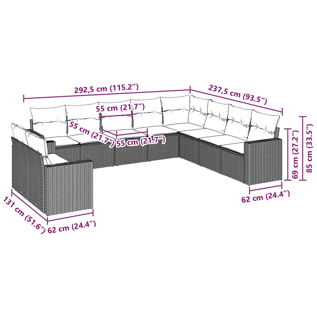 10-tlg. Garten-Sofagarnitur mit Kissen Braun Poly Rattan