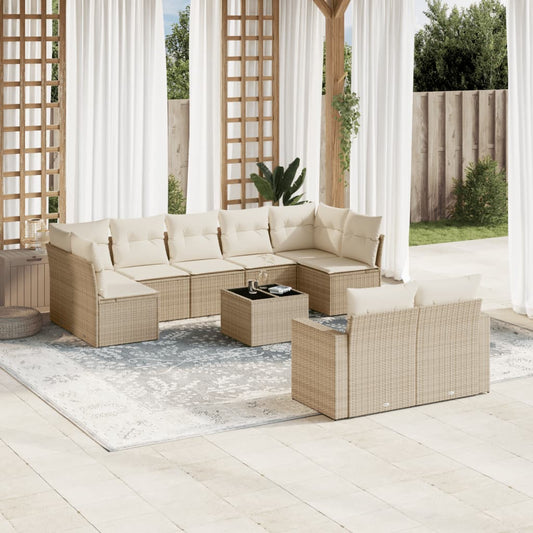 10-tlg. Garten-Sofagarnitur mit Kissen Beige Poly Rattan