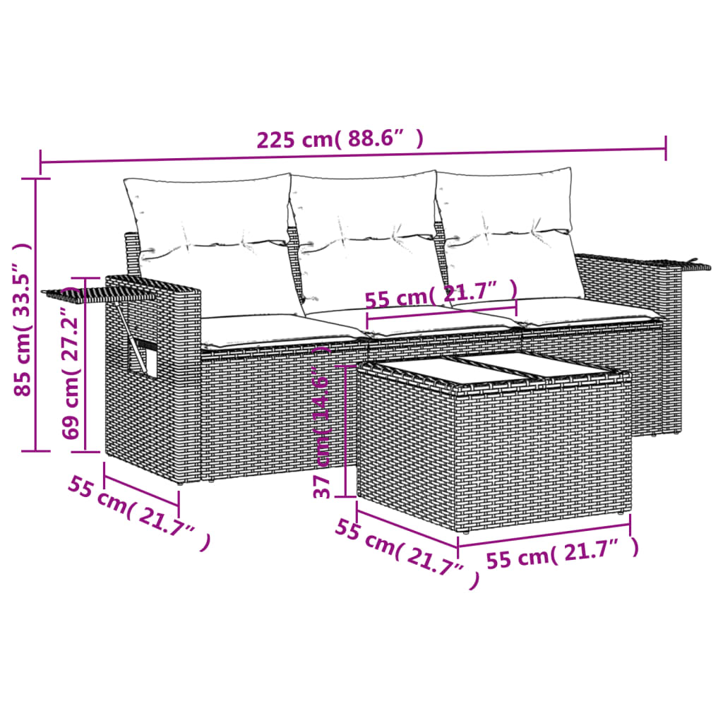 4-tlg. Garten-Sofagarnitur mit Kissen Grau Poly Rattan