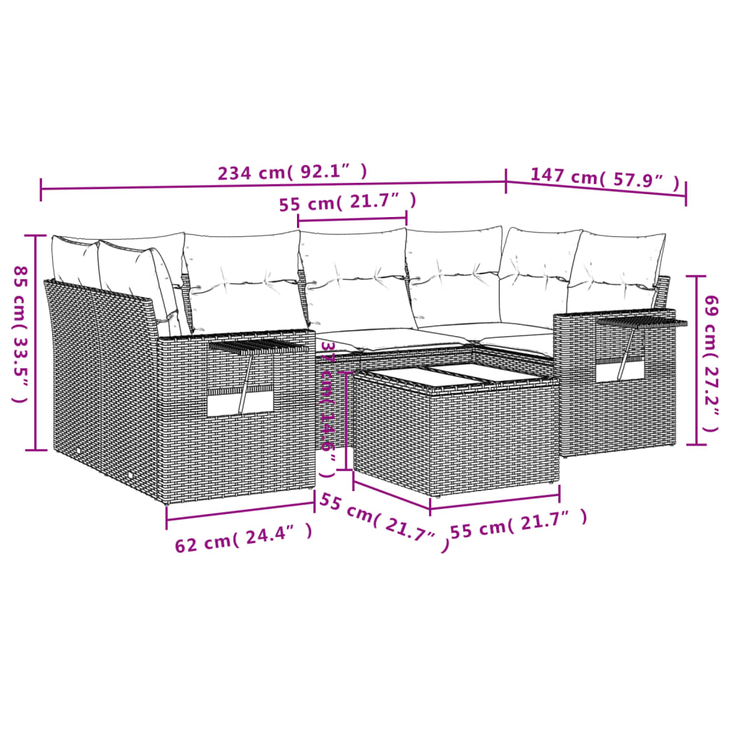 7-tlg. Garten-Sofagarnitur mit Kissen Braun Poly Rattan