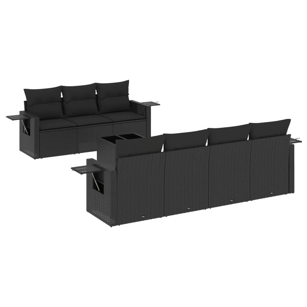 8-piece garden sofa set with cushions, black poly rattan