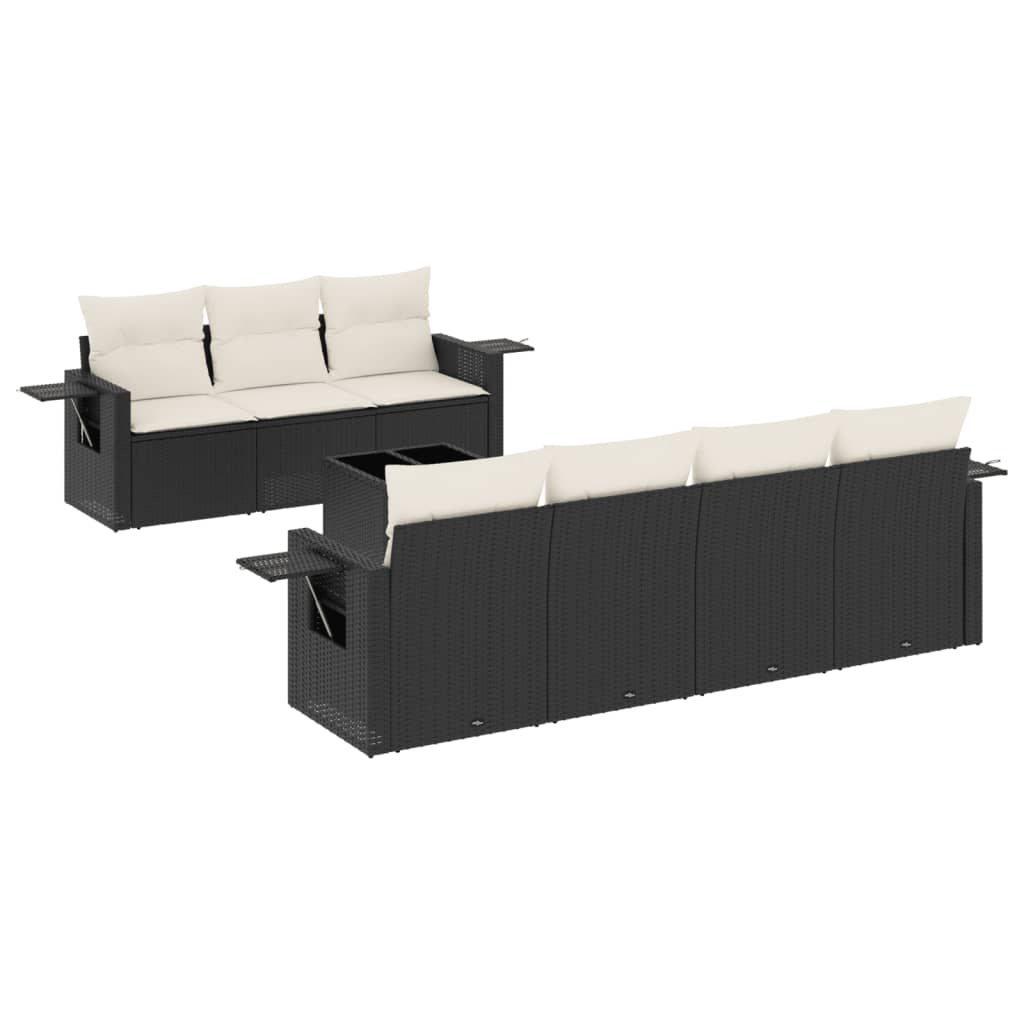 8-piece garden sofa set with cushions, black poly rattan