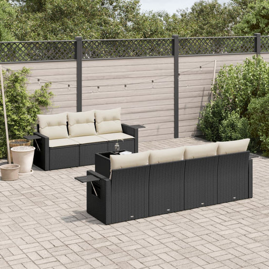 8-piece garden sofa set with cushions, black poly rattan