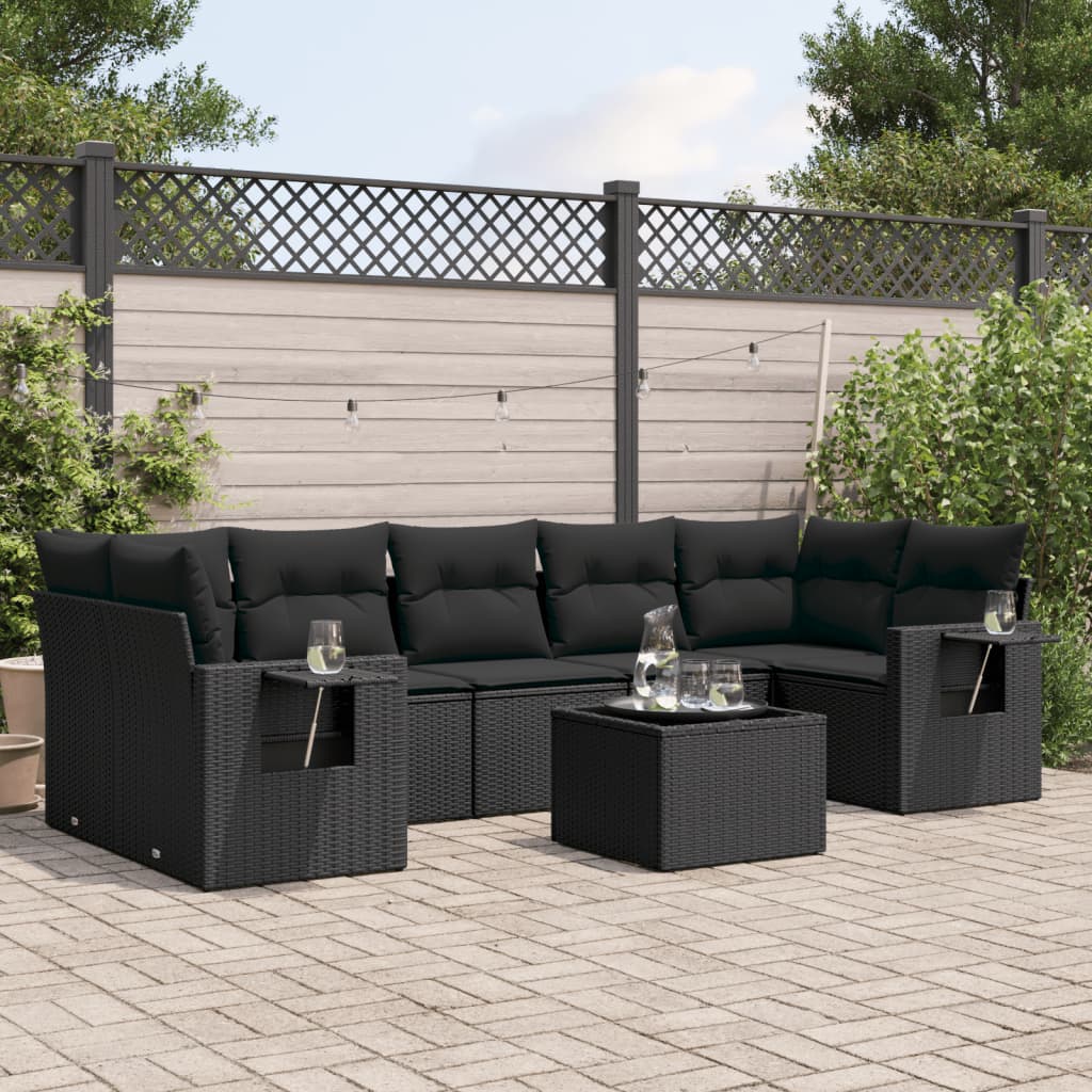 8-piece garden sofa set with cushions, black poly rattan