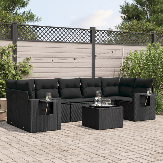 8-piece garden sofa set with cushions, black poly rattan