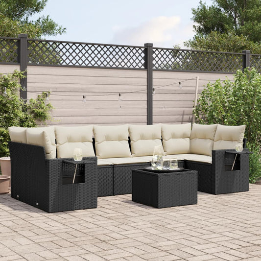 8-piece garden sofa set with cushions, black poly rattan