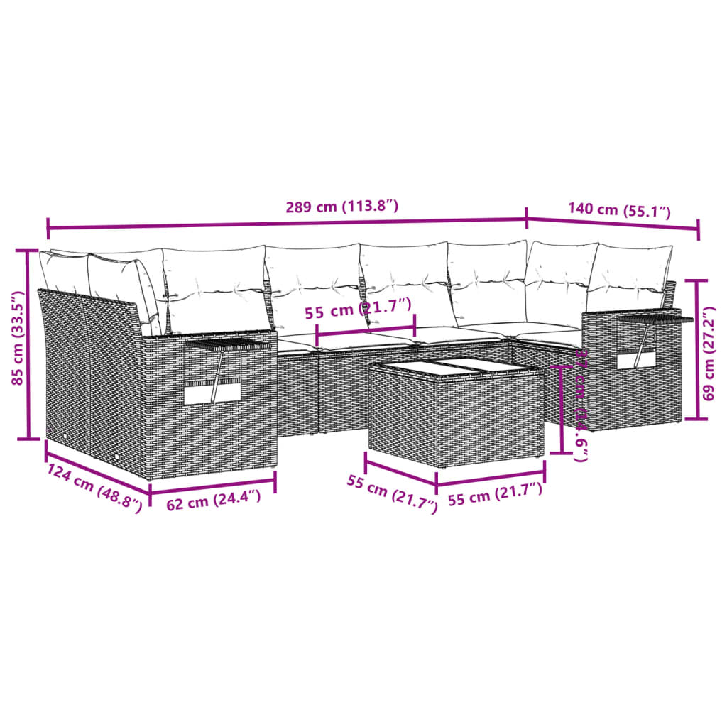 8-tlg. Garten-Sofagarnitur mit Kissen Grau Poly Rattan