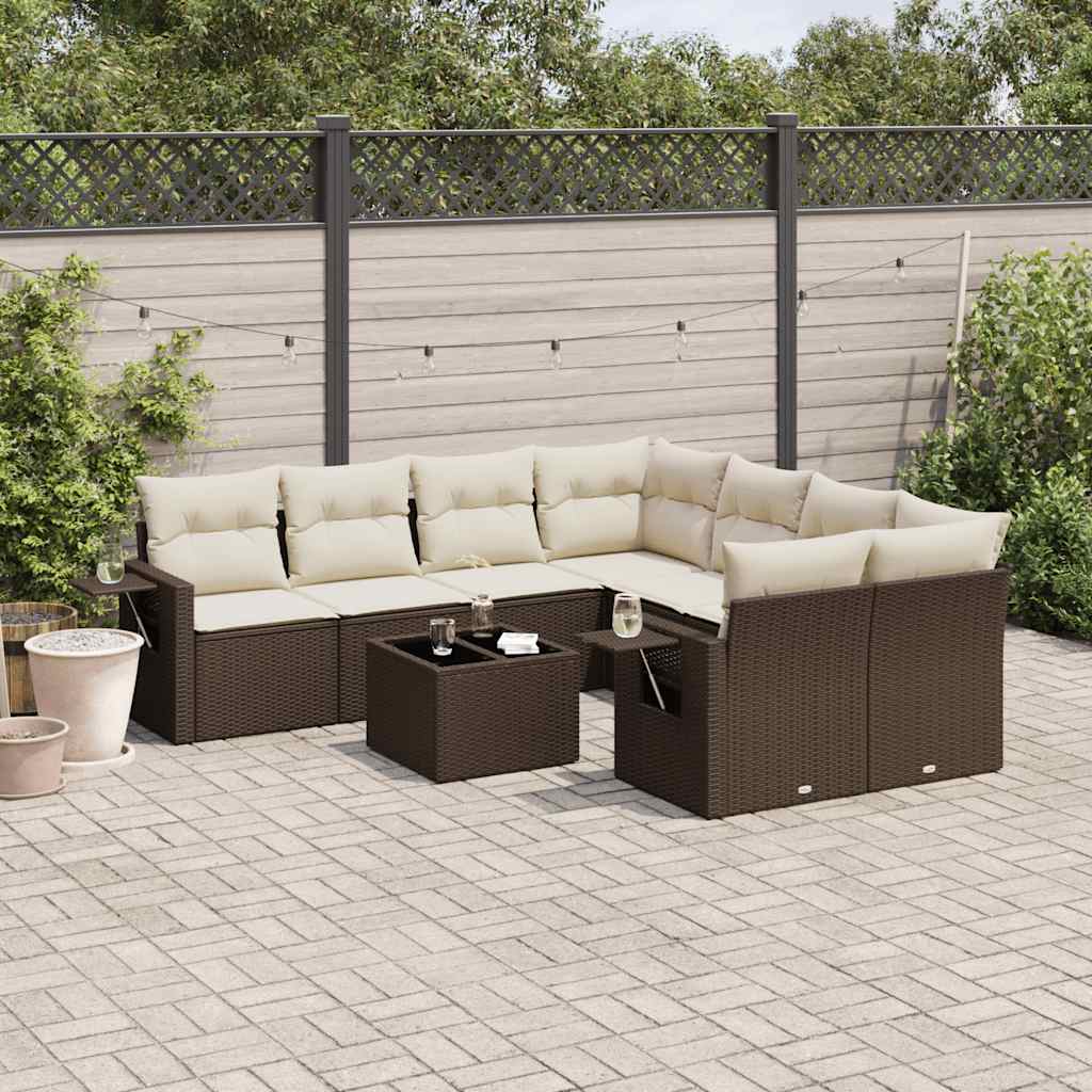 9-tlg. Garten-Sofagarnitur mit Kissen Braun Poly Rattan
