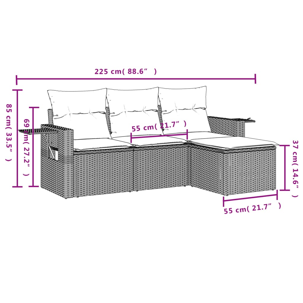 4-tlg. Garten-Sofagarnitur mit Kissen Braun Poly Rattan