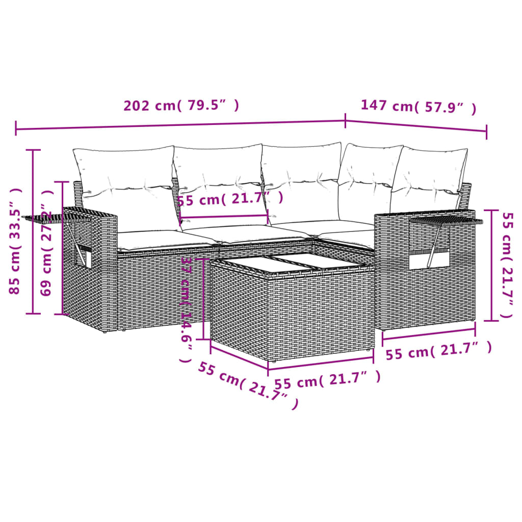 5-tlg. Garten-Sofagarnitur mit Kissen Braun Poly Rattan