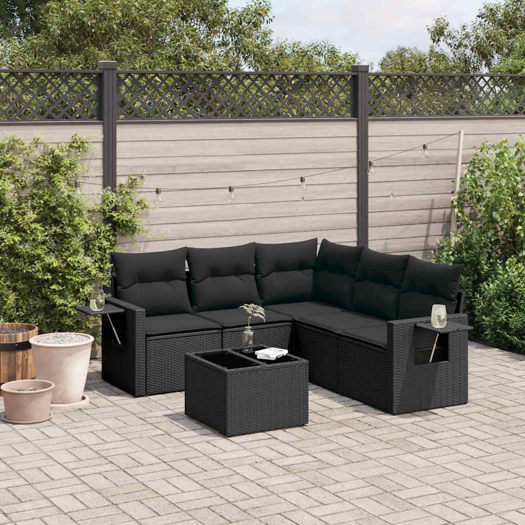 6-tlg. Garten-Sofagarnitur mit Kissen Schwarz Poly Rattan