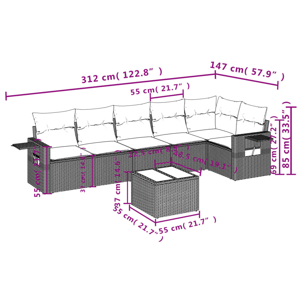7-tlg. Garten-Sofagarnitur mit Kissen Braun Poly Rattan