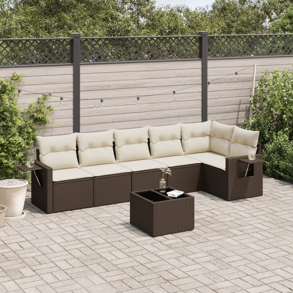 7-tlg. Garten-Sofagarnitur mit Kissen Braun Poly Rattan
