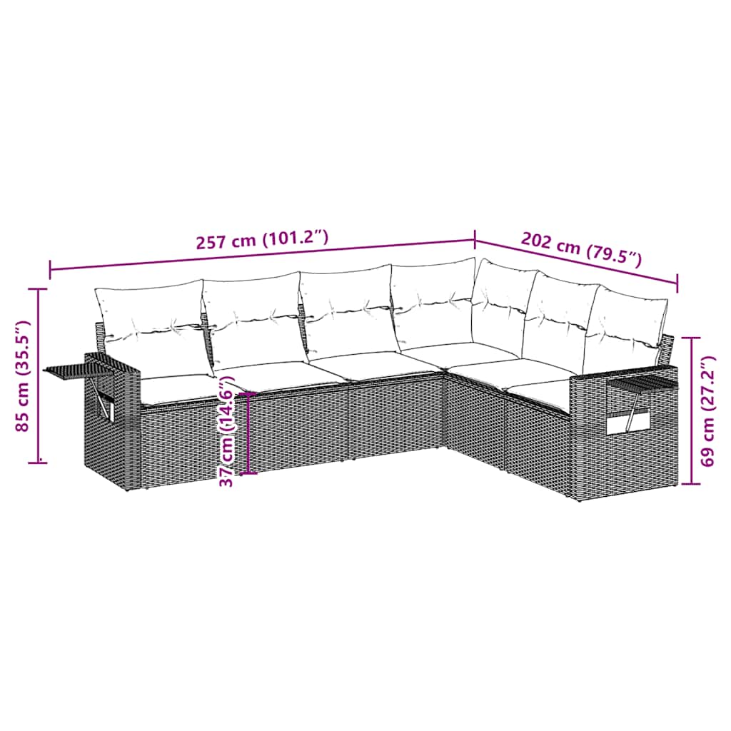 6-tlg. Garten-Sofagarnitur mit Kissen Braun Poly Rattan