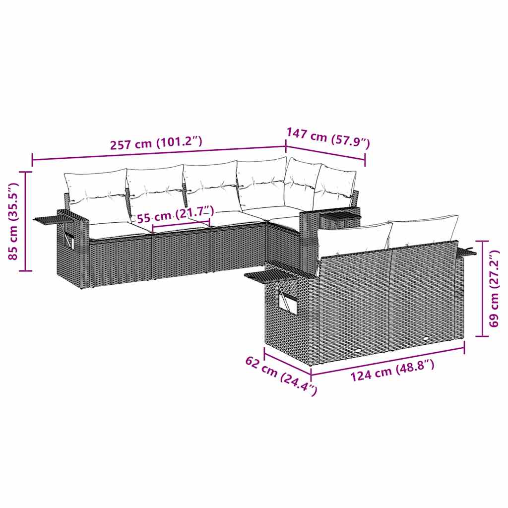 7-tlg. Garten-Sofagarnitur mit Kissen Braun Poly Rattan
