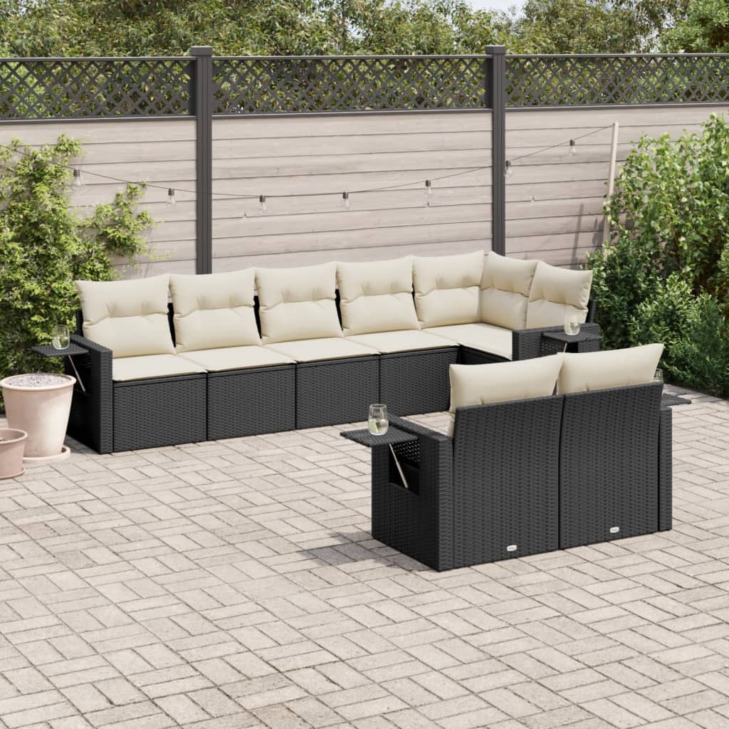 8-piece garden sofa set with cushions, black poly rattan