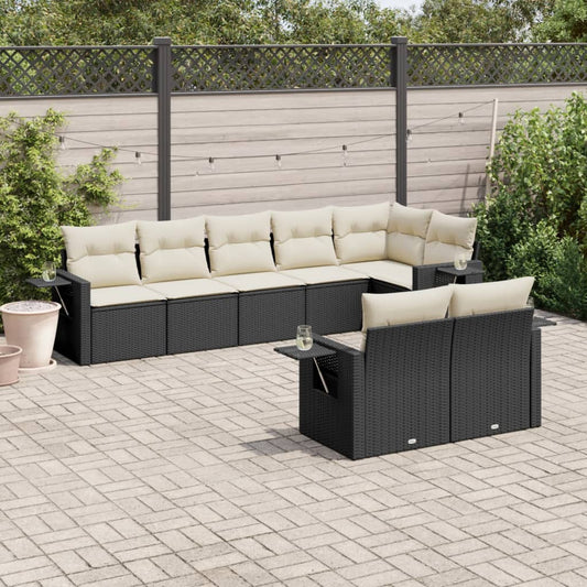 8-piece garden sofa set with cushions, black poly rattan