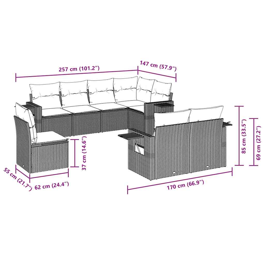 8-tlg. Garten-Sofagarnitur mit Kissen Braun Poly Rattan