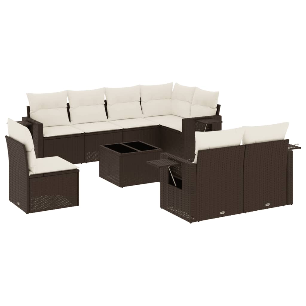 9-tlg. Garten-Sofagarnitur mit Kissen Braun Poly Rattan