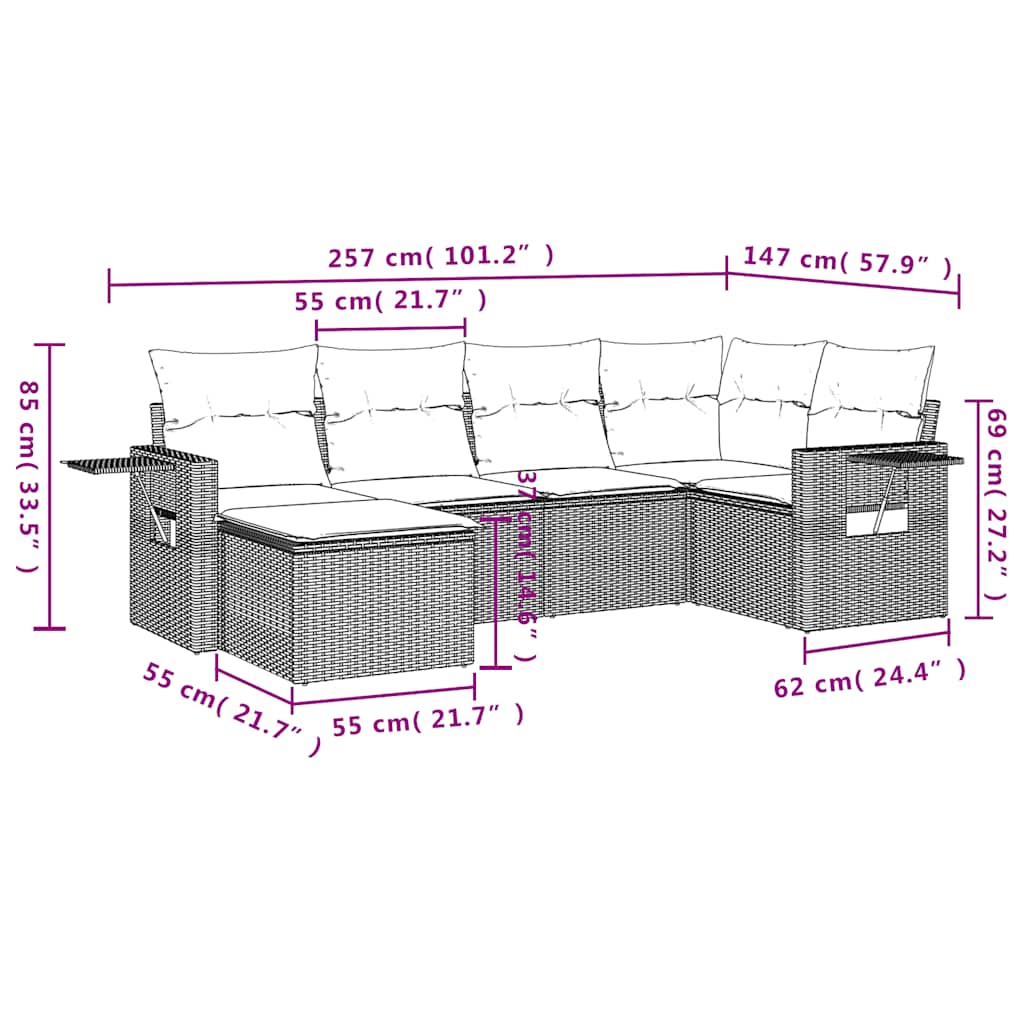 6-tlg. Garten-Sofagarnitur mit Kissen Schwarz Poly Rattan