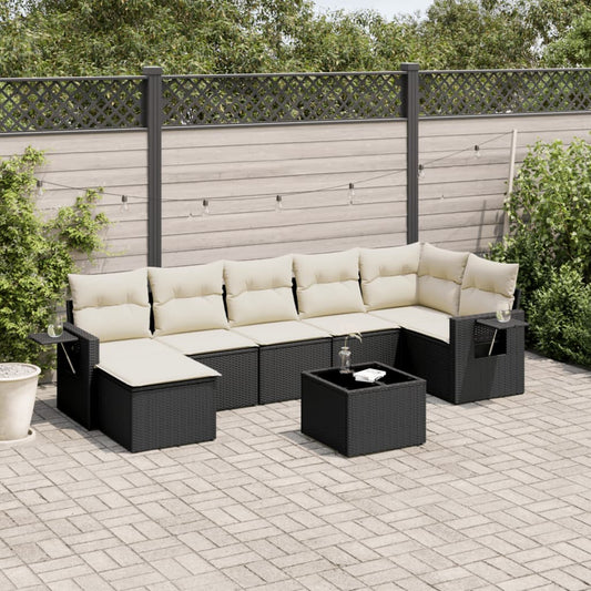8-piece garden sofa set with cushions, black poly rattan