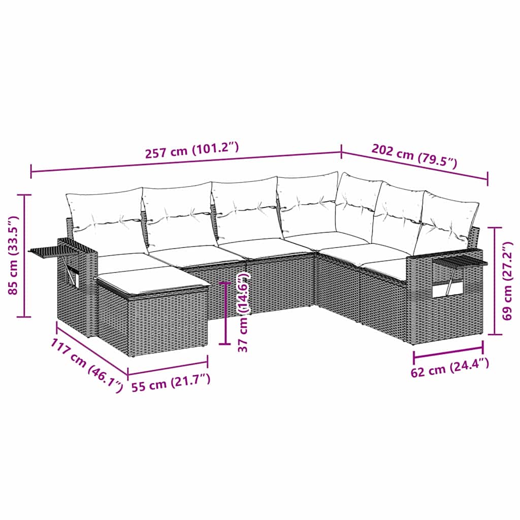 7-tlg. Garten-Sofagarnitur mit Kissen Schwarz Poly Rattan