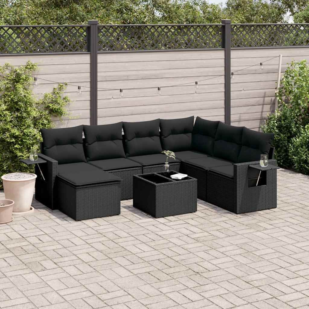 8-tlg. Garten-Sofagarnitur mit Kissen Schwarz Poly Rattan