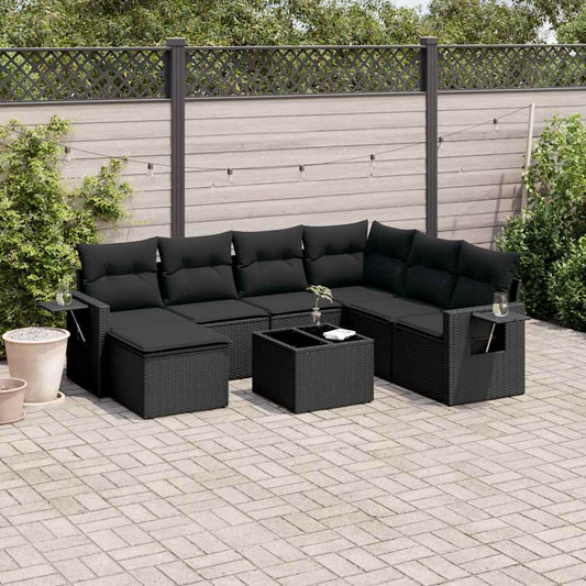 8-tlg. Garten-Sofagarnitur mit Kissen Schwarz Poly Rattan
