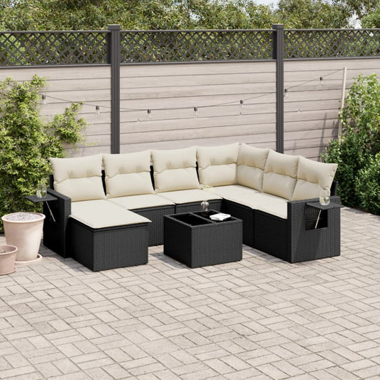 8-piece garden sofa set with cushions, black poly rattan