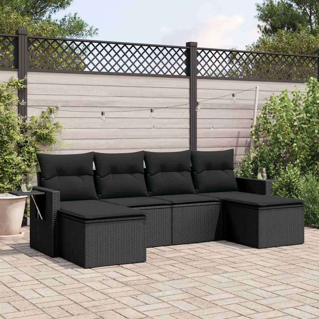6-tlg. Garten-Sofagarnitur mit Kissen Schwarz Poly Rattan