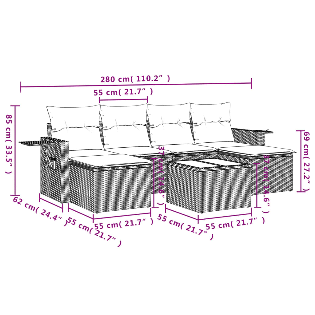 7-tlg. Garten-Sofagarnitur mit Kissen Braun Poly Rattan