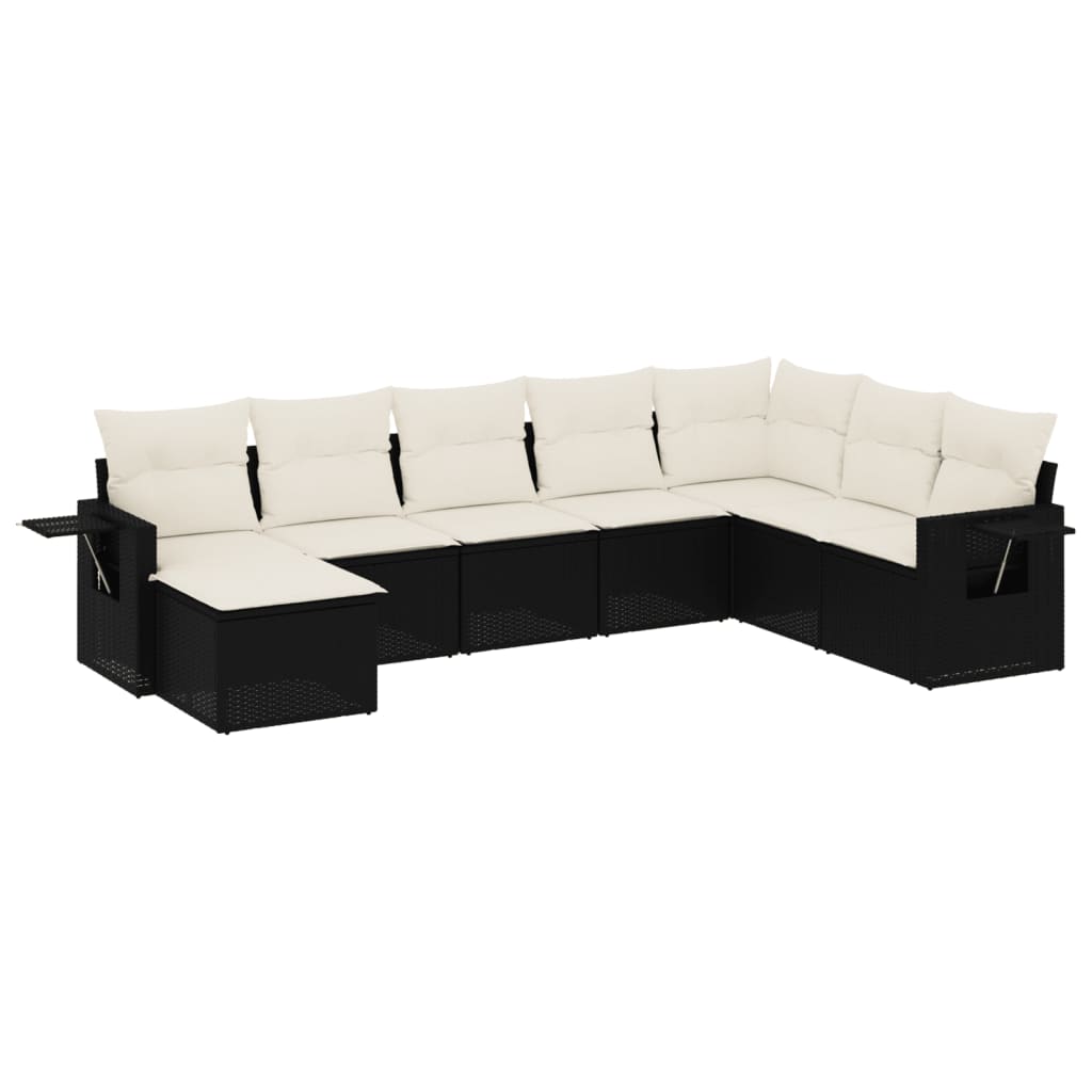 8-piece garden sofa set with cushions, black poly rattan