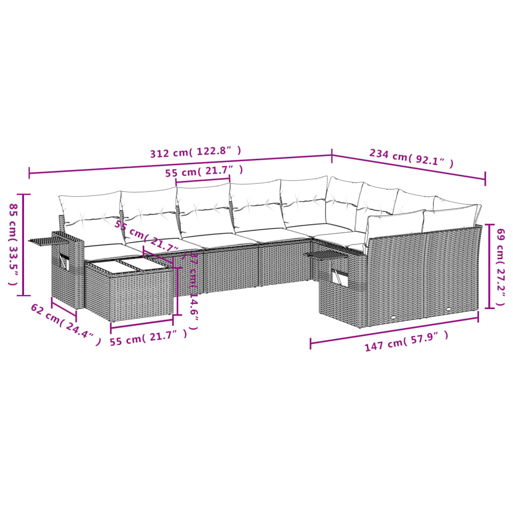 10-tlg. Garten-Sofagarnitur mit Kissen Braun Poly Rattan