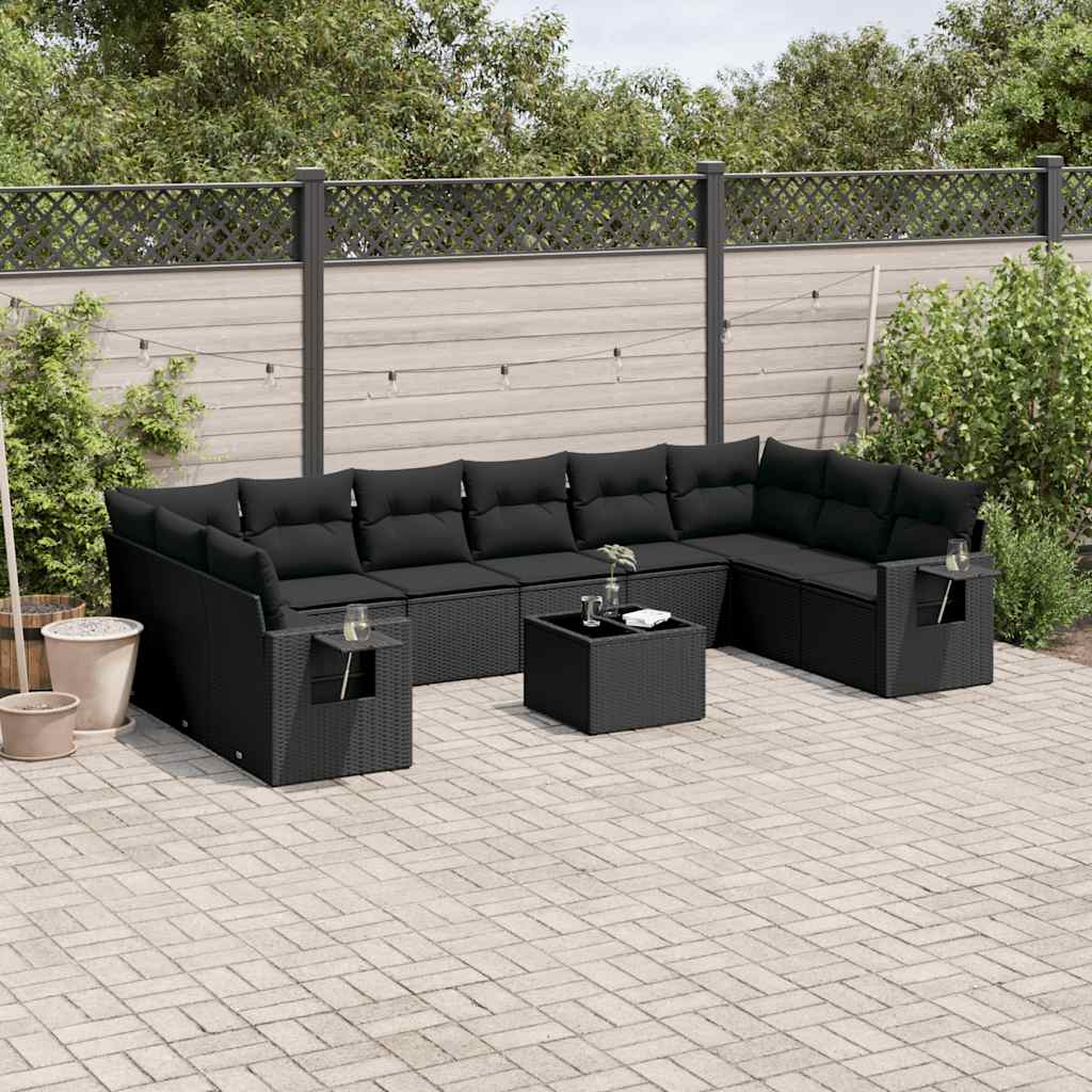 11-tlg. Garten-Sofagarnitur mit Kissen Schwarz Poly Rattan