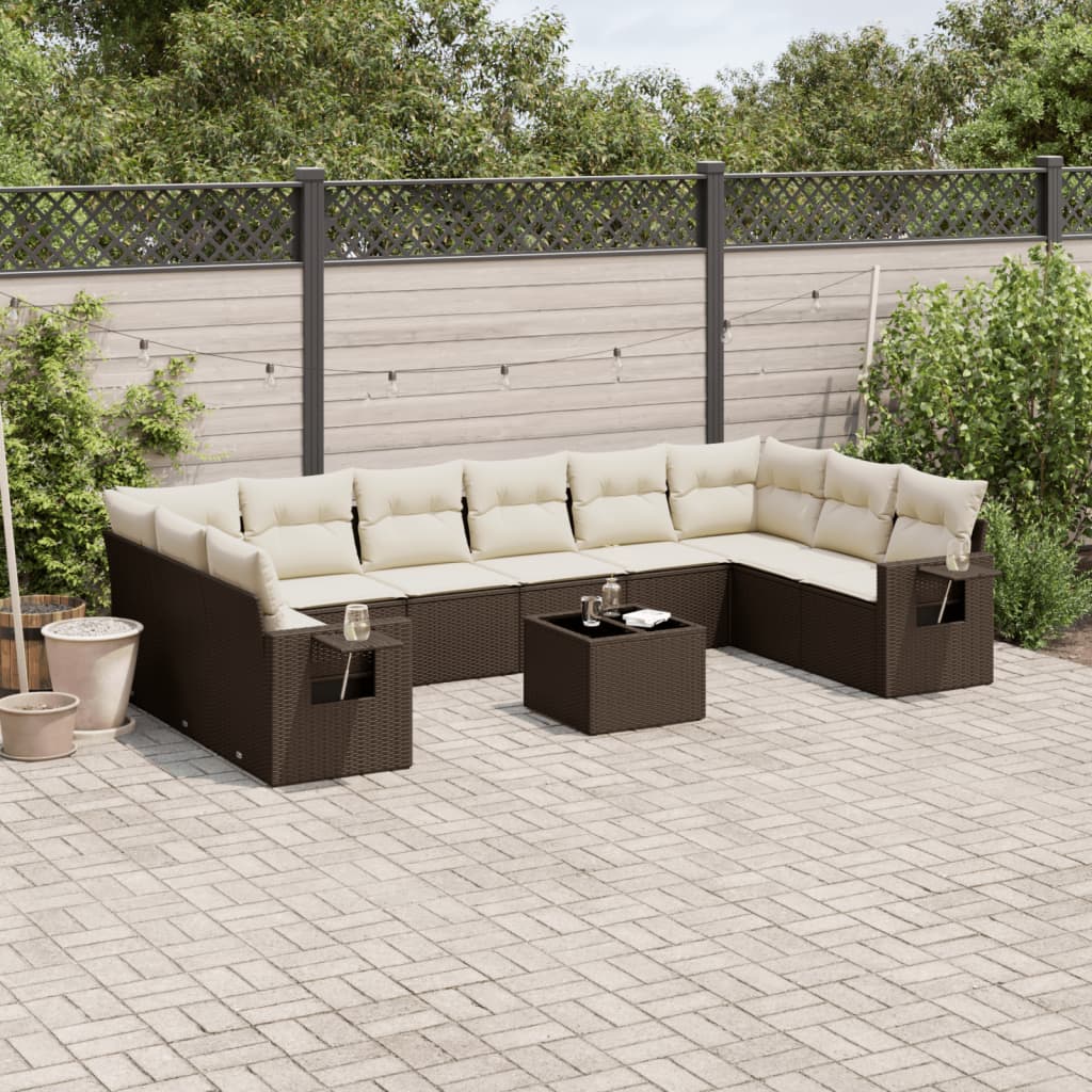 11-tlg. Garten-Sofagarnitur mit Kissen Braun Poly Rattan